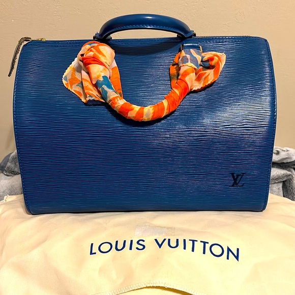 EUC AUTHENTIC 90’s Louis Vuitton Blue Epi Speedy 30 Leather Satchel w/Lock&Key - Picture 1 of 14